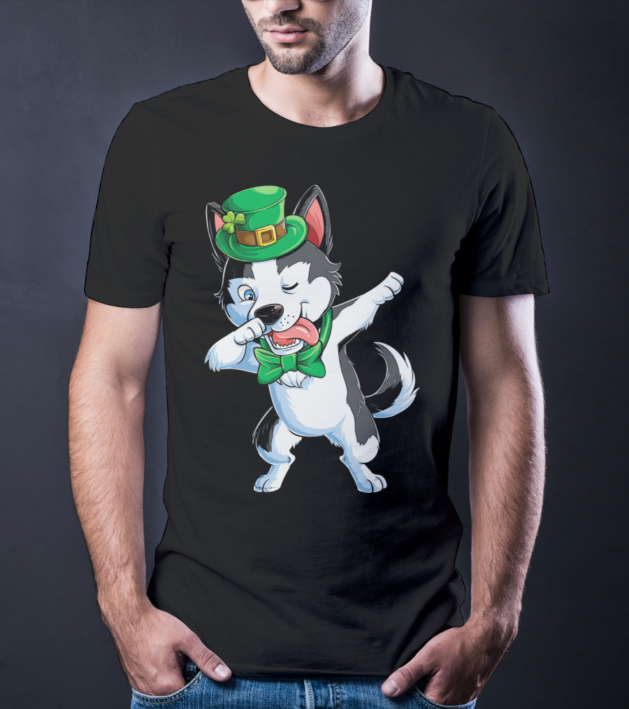 Dabbing Siberian Husky St. Patrick’s Day Green Hat Bow Tie T-Shirt