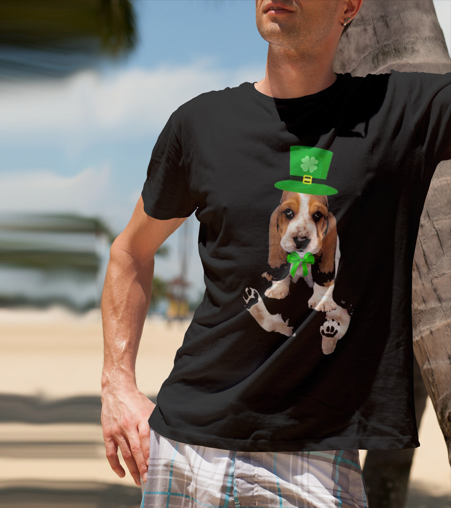 Basset Hound Puppy St. Patrick's Day Leprechaun Hat With Shamrock T-Shirt