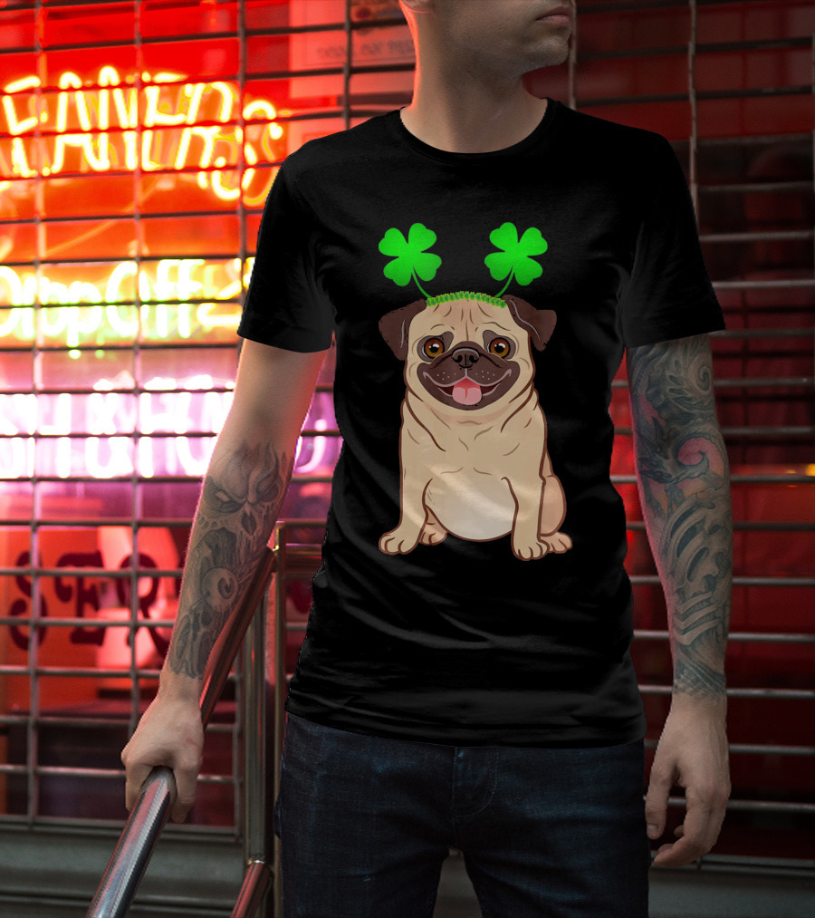 Cute Pug Adorned In Shamrock Headband With Happy Expression T-Shirt