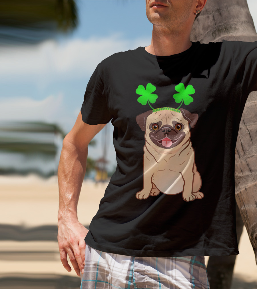 Cute Pug Adorned In Shamrock Headband With Happy Expression T-Shirt