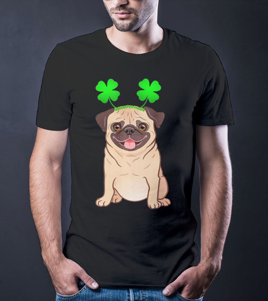 Cute Pug Adorned In Shamrock Headband With Happy Expression T-Shirt
