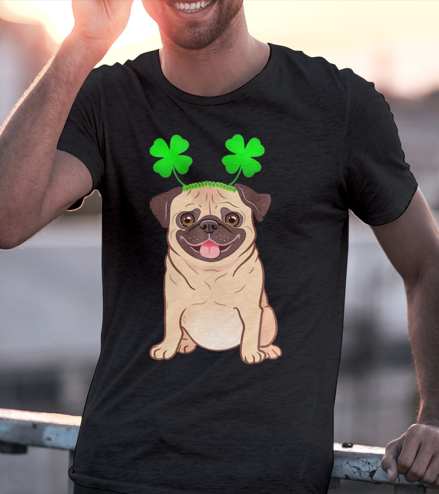 Cute Pug Adorned In Shamrock Headband With Happy Expression T-Shirt