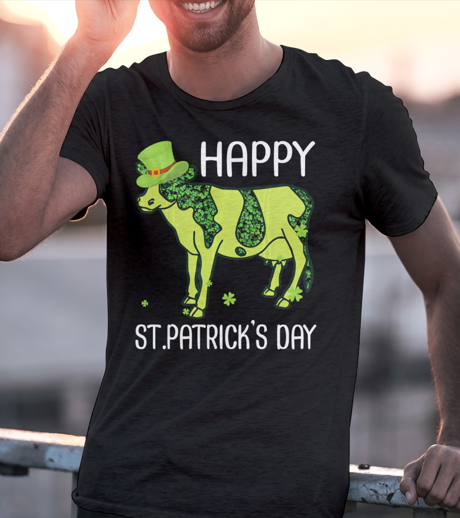 Happy St. Patrick's Day Shamrocks Cow Leprechaun T-Shirt