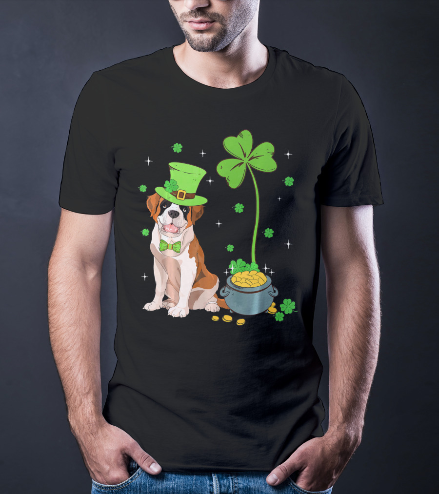 Shamrock Leprechaun Saint Bernard St Patrick's Day Dog Pot Of Gold T-Shirt
