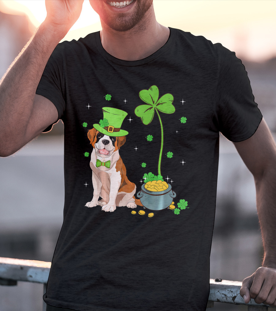 Shamrock Leprechaun Saint Bernard St Patrick's Day Dog Pot Of Gold T-Shirt
