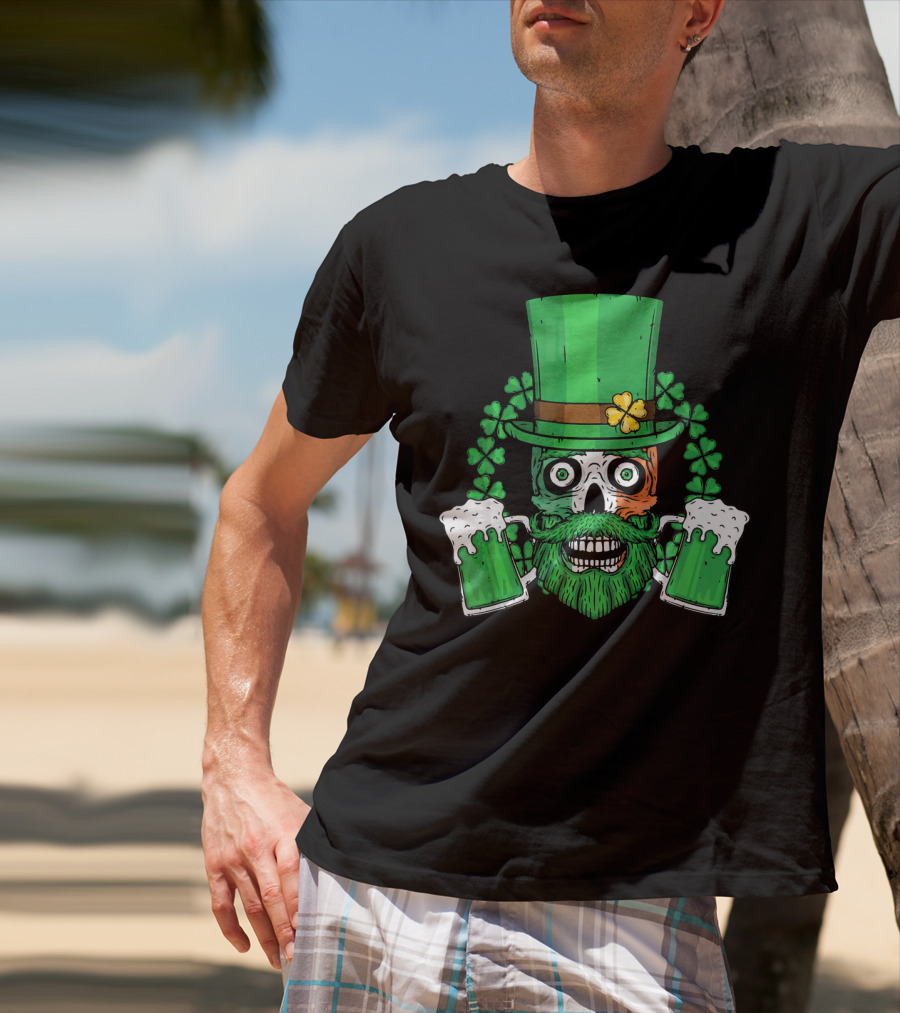 Irish Flag Leprechaun Skull With Shamrock And Beer Mugs T-Shirt
