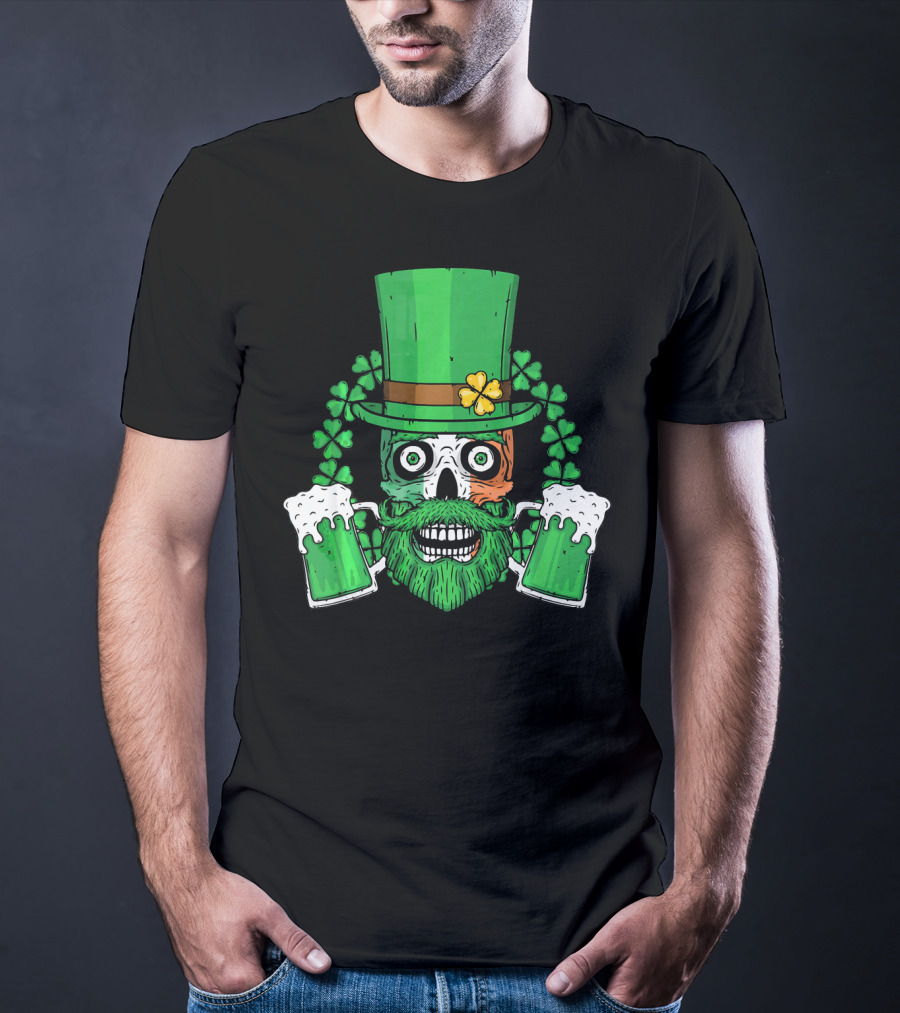 Irish Flag Leprechaun Skull With Shamrock And Beer Mugs T-Shirt