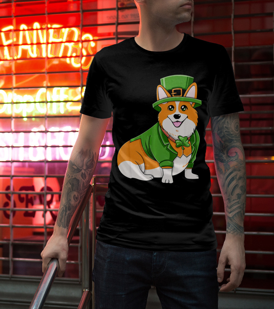 St Patricks Day Corgi Irish Dog In Leprechaun Hat And Green Suit T-Shirt