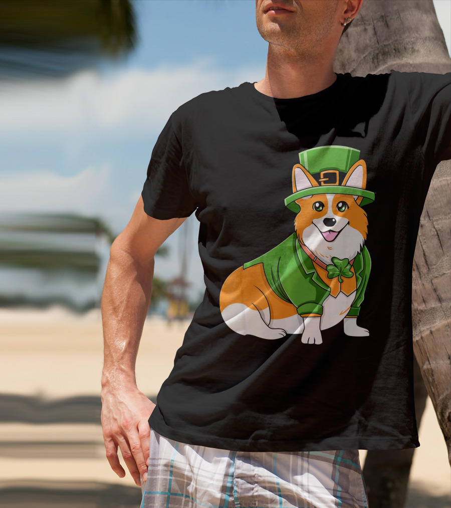 St Patricks Day Corgi Irish Dog In Leprechaun Hat And Green Suit T-Shirt