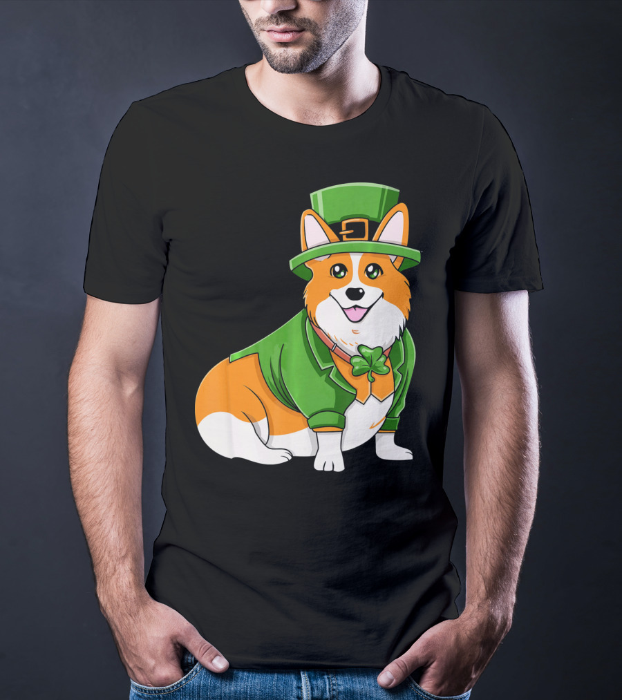 St Patricks Day Corgi Irish Dog In Leprechaun Hat And Green Suit T-Shirt