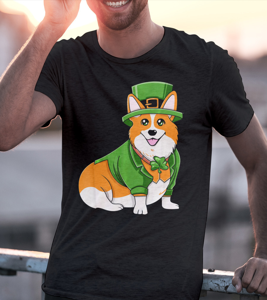 St Patricks Day Corgi Irish Dog In Leprechaun Hat And Green Suit T-Shirt