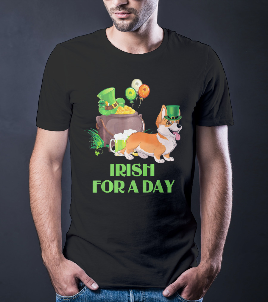 Irish For A Day Welsh Corgi Dog Leprechaun Pot Of Gold Balloons T-Shirt