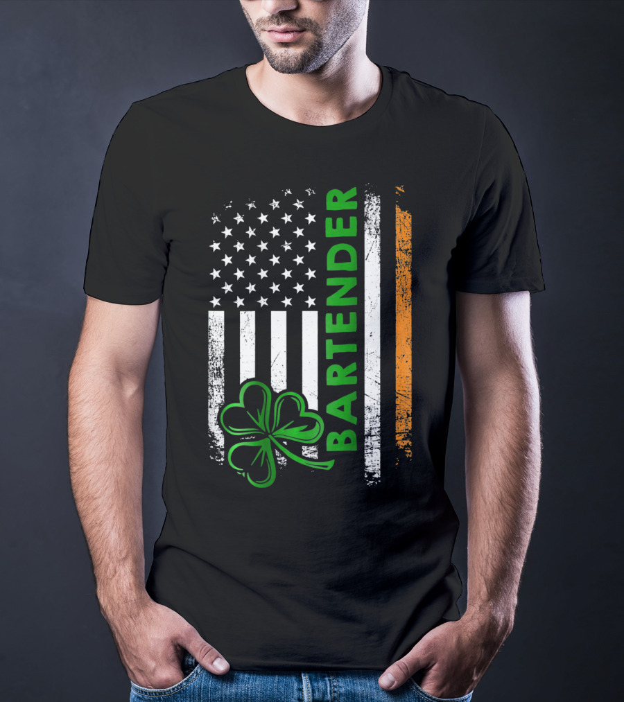 Irish Bartender American Flag Shamrock T-Shirt