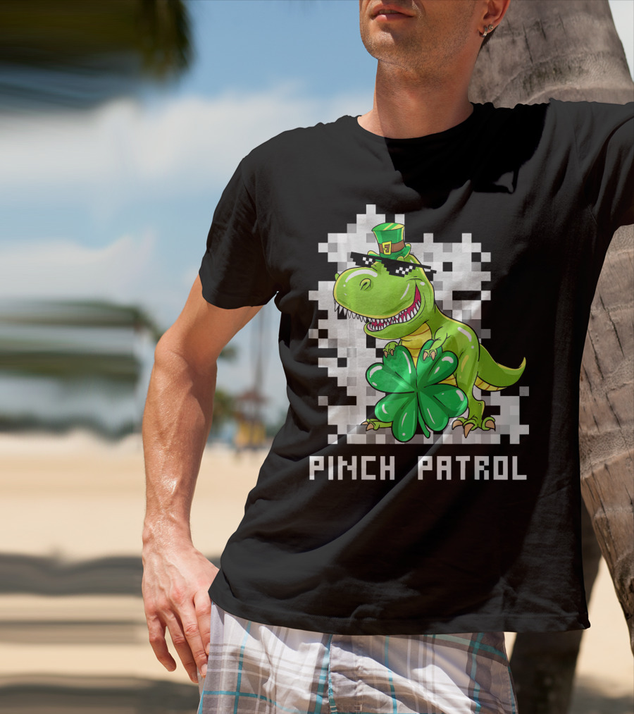 St Patrick Day Dinosaur Pinch Patrol Pixelated Clover And Hat T-Shirt