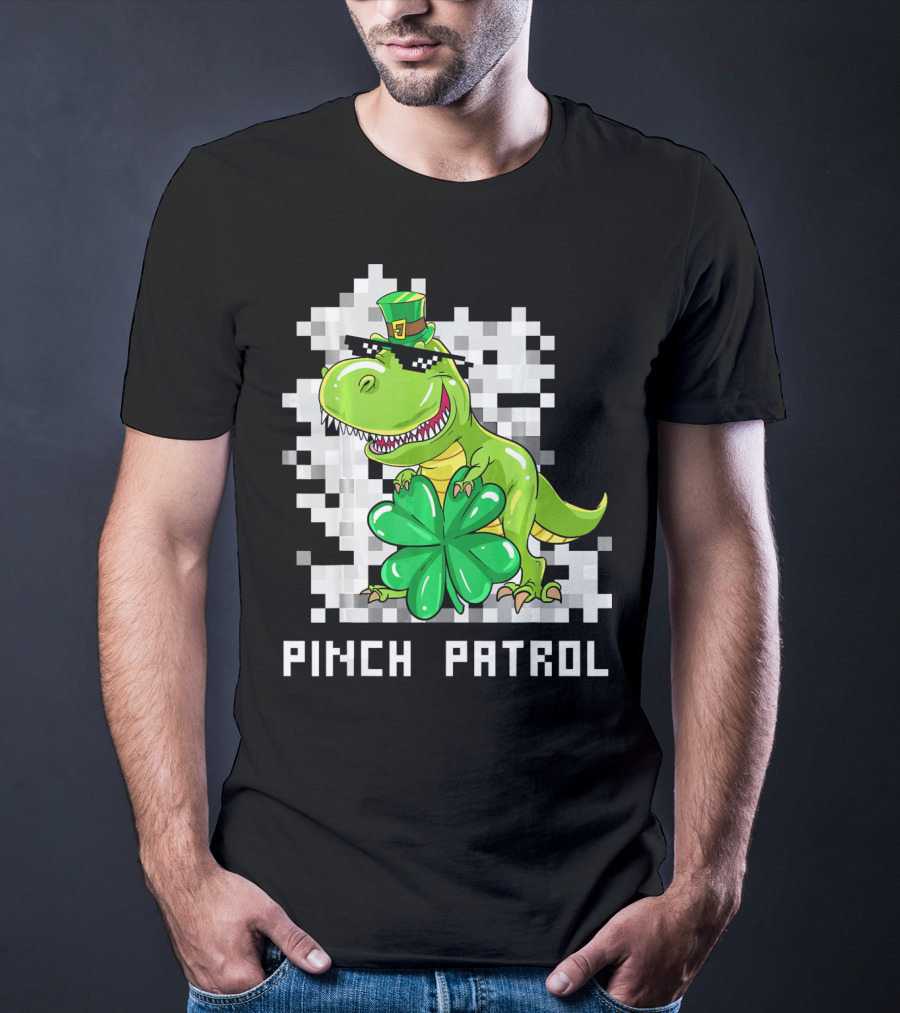 St Patrick Day Dinosaur Pinch Patrol Pixelated Clover And Hat T-Shirt