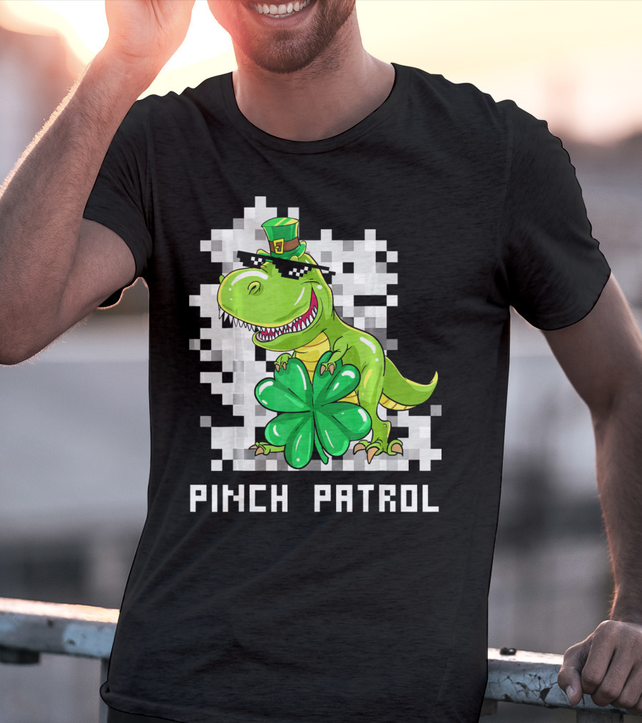 St Patrick Day Dinosaur Pinch Patrol Pixelated Clover And Hat T-Shirt