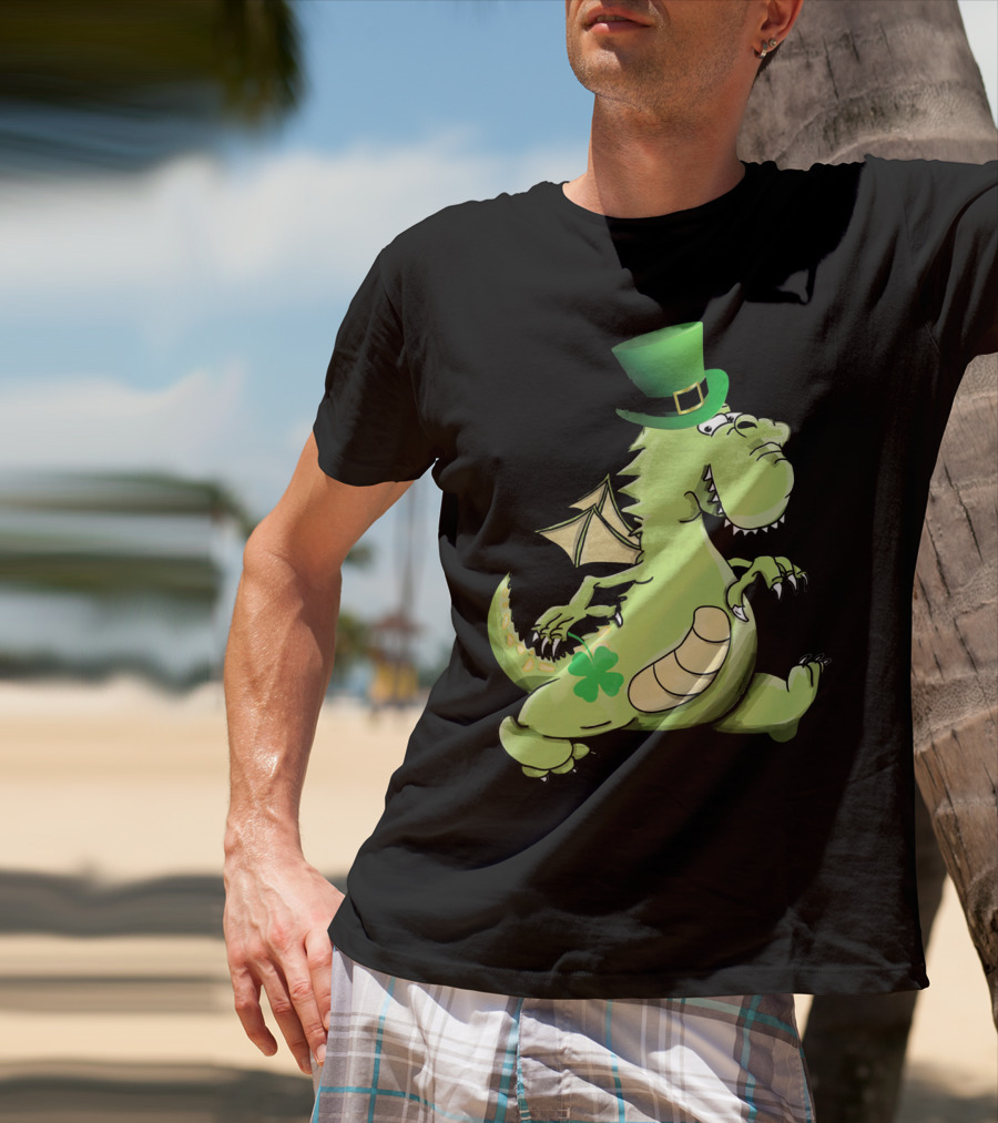 St Patrick's Day Dragon Wearing Leprechaun Hat With Shamrock T-Shirt