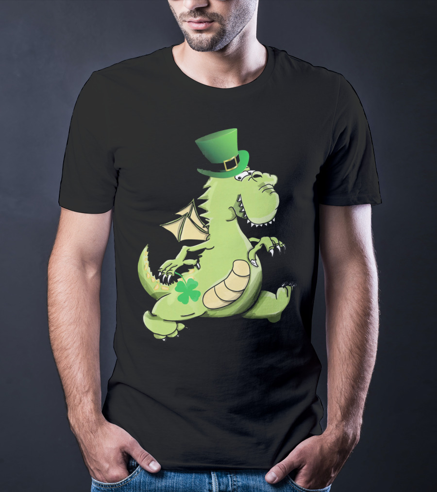 St Patrick's Day Dragon Wearing Leprechaun Hat With Shamrock T-Shirt