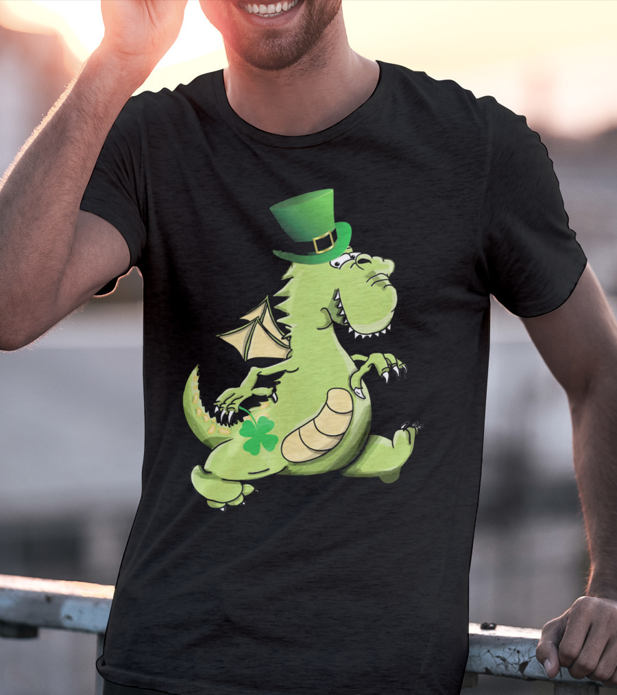 St Patrick's Day Dragon Wearing Leprechaun Hat With Shamrock T-Shirt