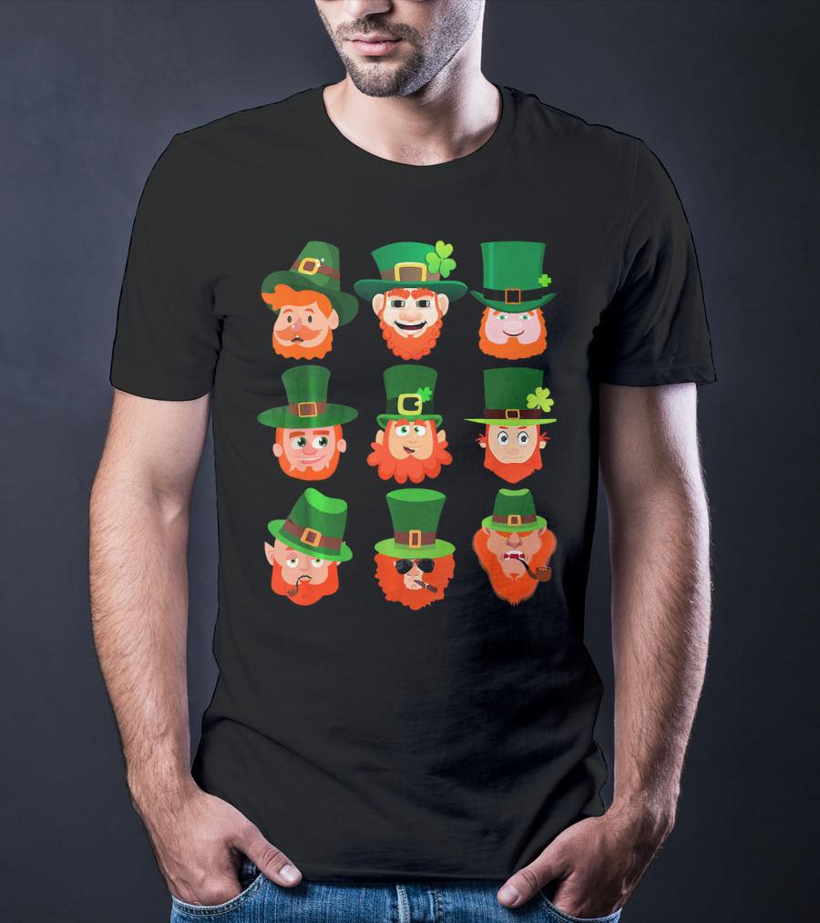 Funny Leprechaun Emotion Feeling Faces With Green Hats And Red Beards T-Shirt