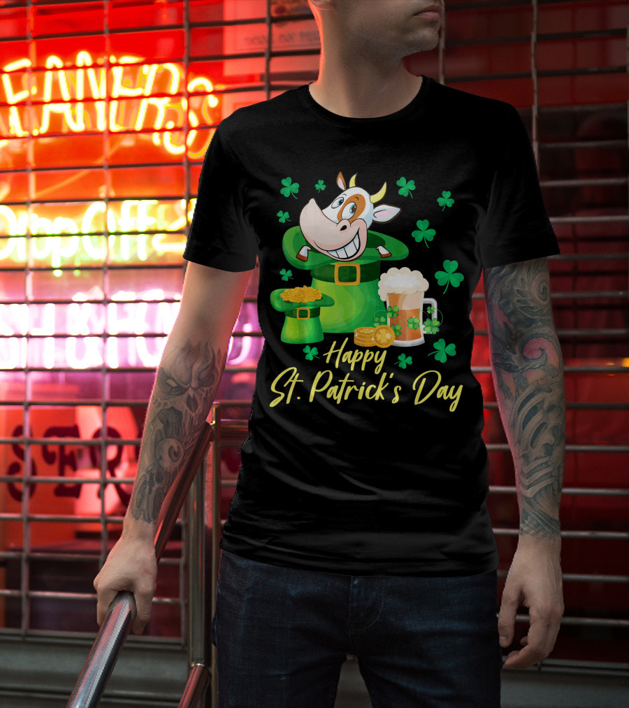 Happy St. Patrick's Day Cow Dancing In Leprechaun Hat With Gold Coins And Beer T-Shirt