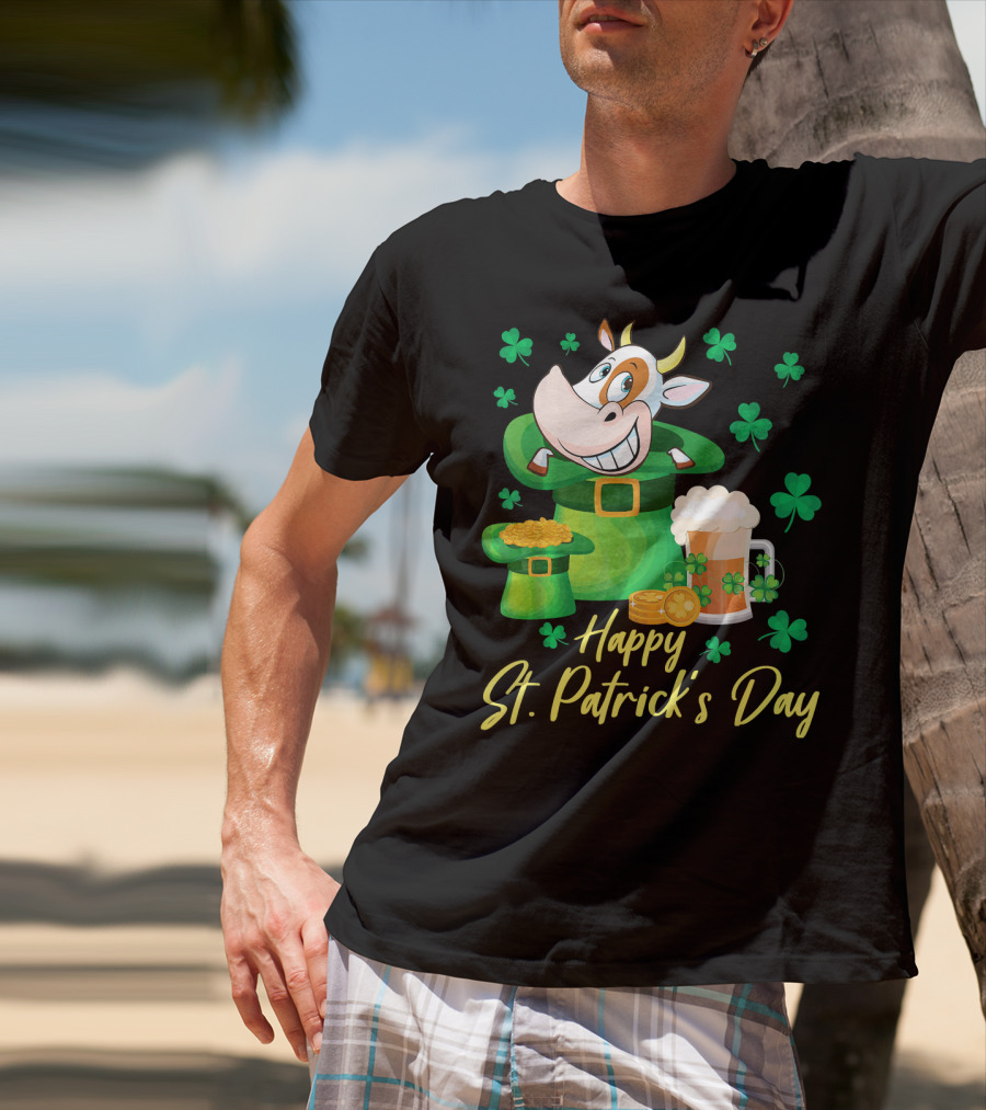 Happy St. Patrick's Day Cow Dancing In Leprechaun Hat With Gold Coins And Beer T-Shirt