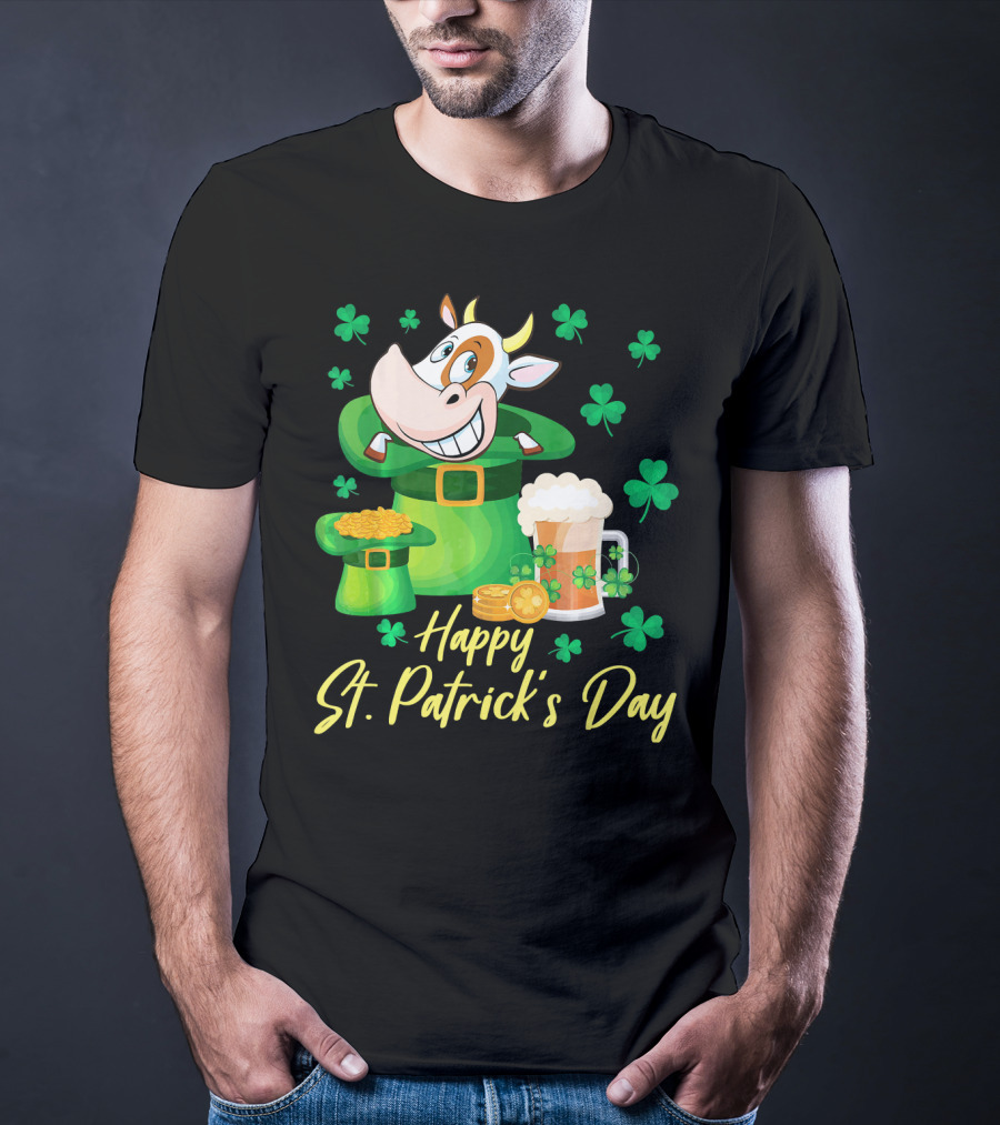 Happy St. Patrick's Day Cow Dancing In Leprechaun Hat With Gold Coins And Beer T-Shirt