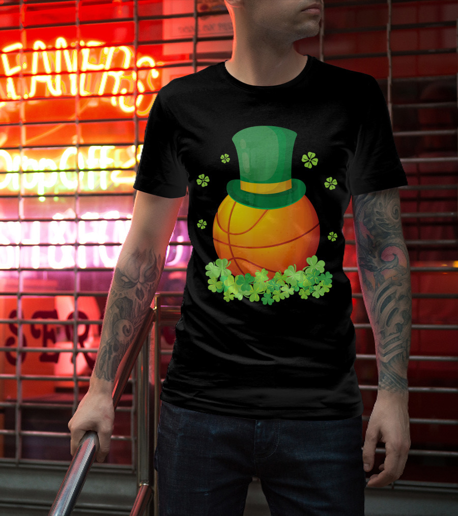 Basketball With Leprechaun Hat And Shamrocks Playing Around T-Shirt