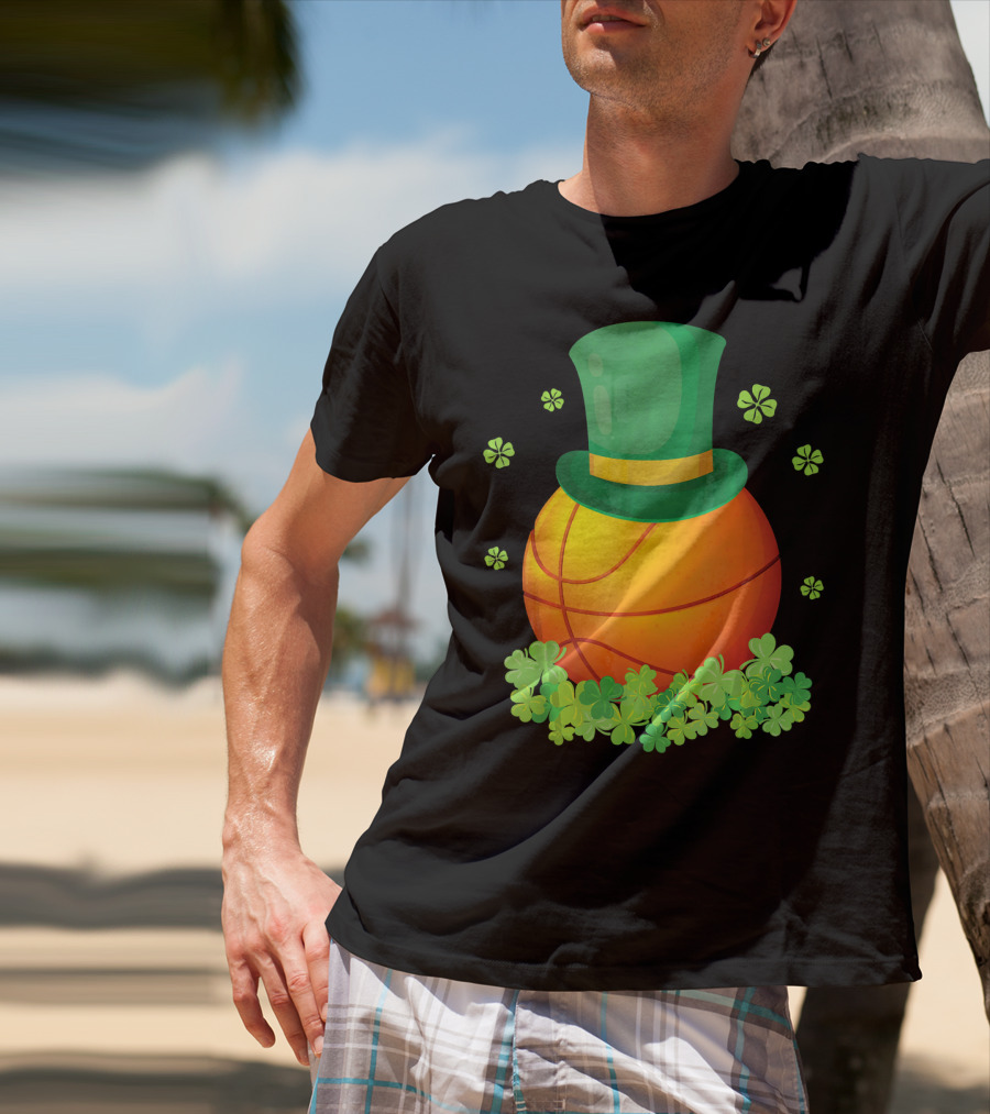Basketball With Leprechaun Hat And Shamrocks Playing Around T-Shirt