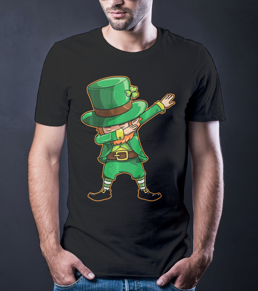 Funny Leprechaun Dabbing Dance Icon In Green Outfit And Hat T-Shirt