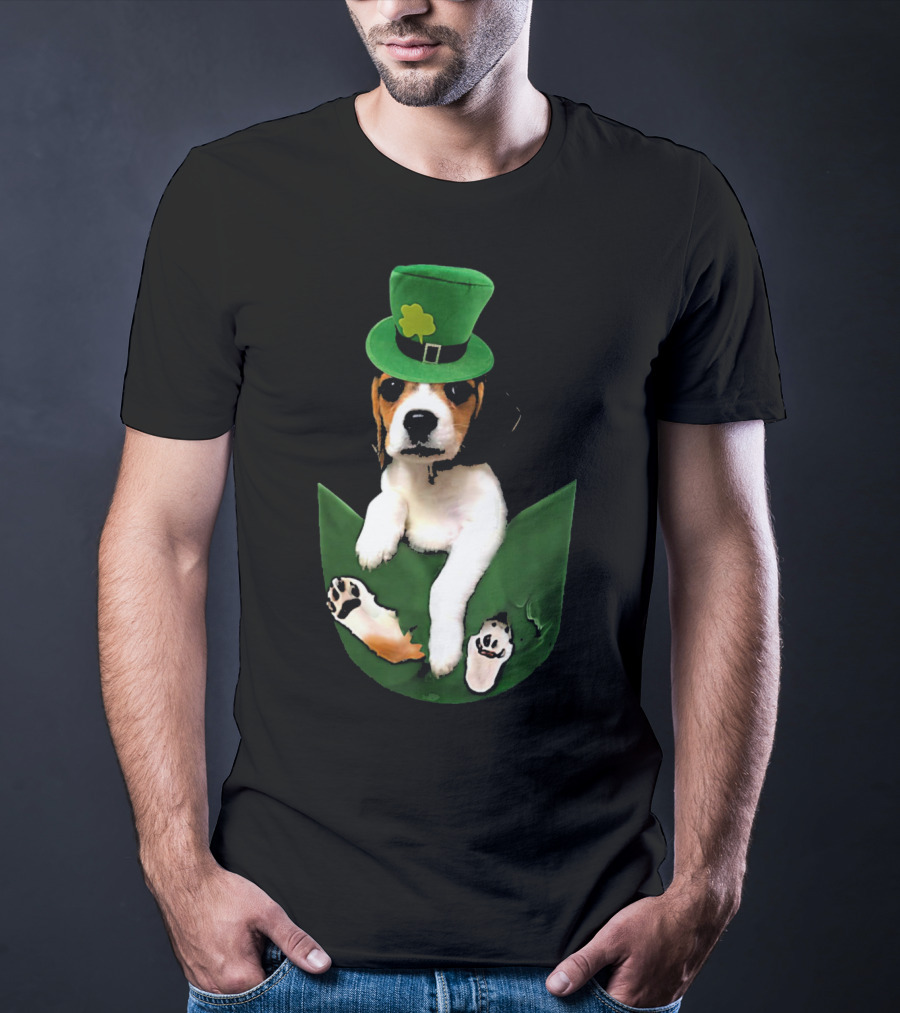 Beagle In Green Pocket With St Patrick's Hat And Shamrock T-Shirt