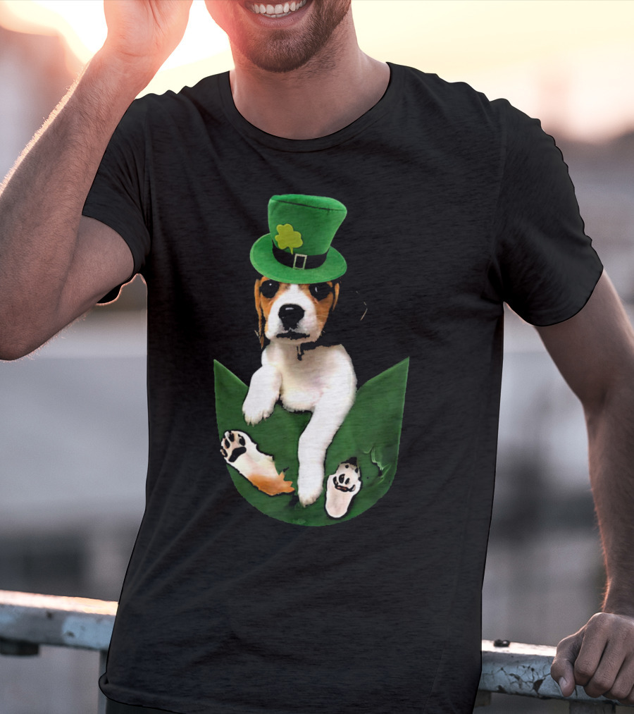 Beagle In Green Pocket With St Patrick's Hat And Shamrock T-Shirt