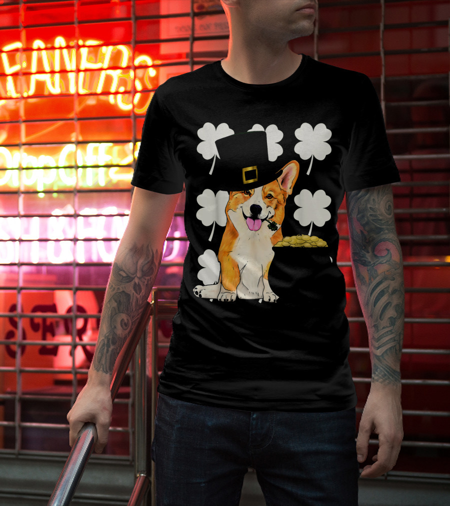 Irish Corgi St. Patricks Day Clover Leprechaun Hat And Pot Of Gold T-Shirt