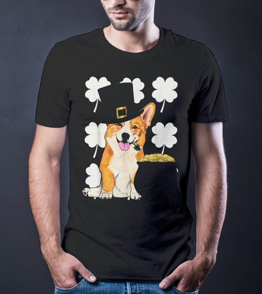 Irish Corgi St. Patricks Day Clover Leprechaun Hat And Pot Of Gold T-Shirt
