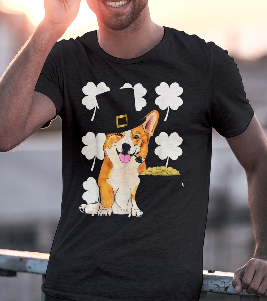 Irish Corgi St. Patricks Day Clover Leprechaun Hat And Pot Of Gold T-Shirt