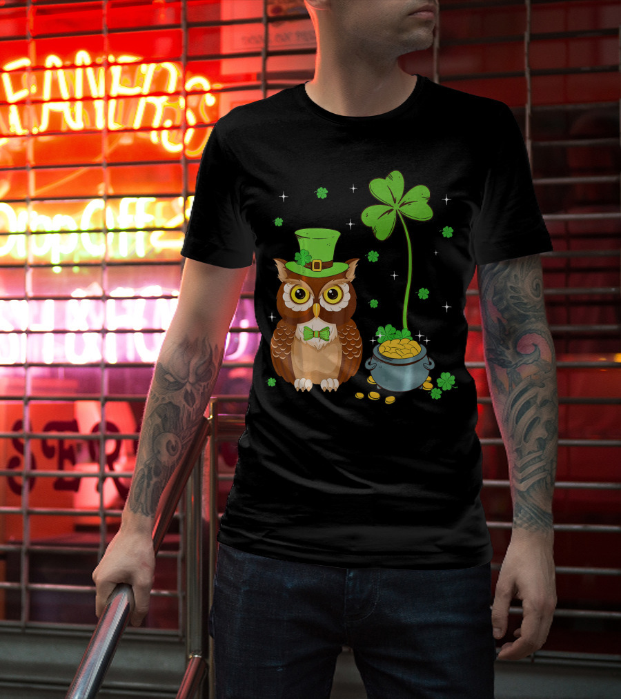 Shamrock Leprechaun Owl Pot Of Gold T-Shirt