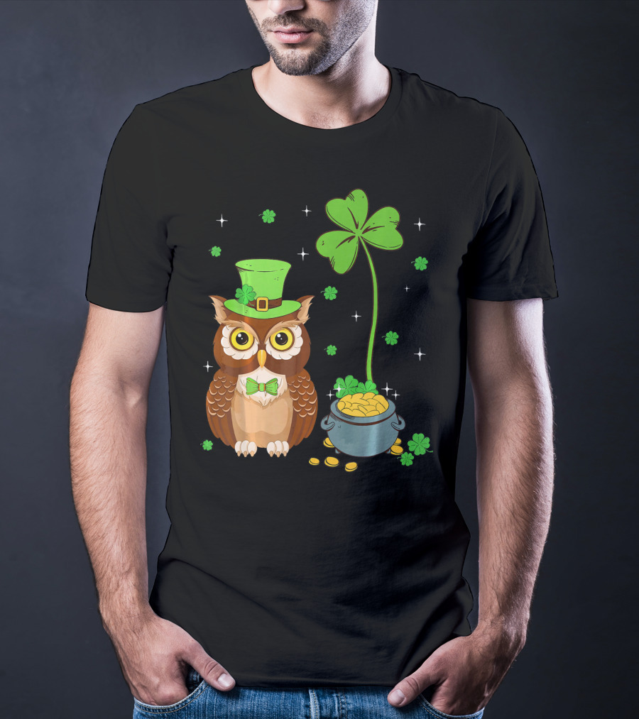 Shamrock Leprechaun Owl Pot Of Gold T-Shirt