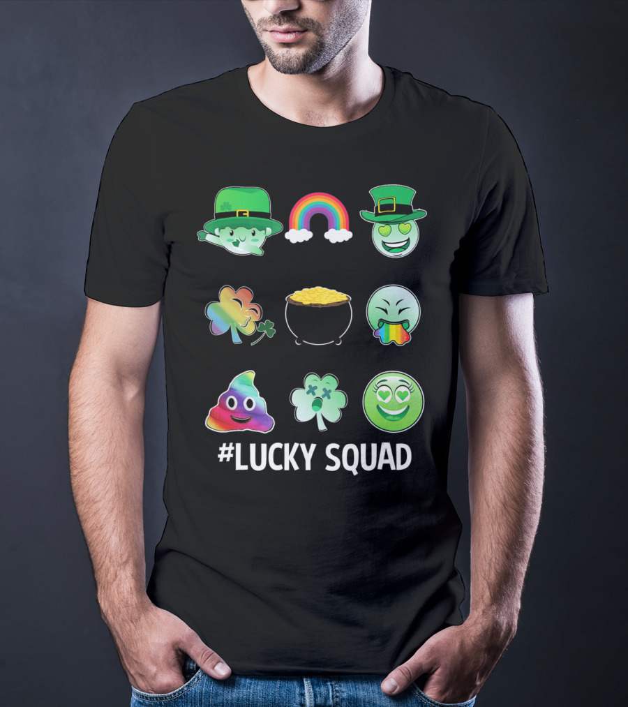 Lucky Squad St. Patricks Day Emoji Rainbow Clover Pot Of Gold T-Shirt