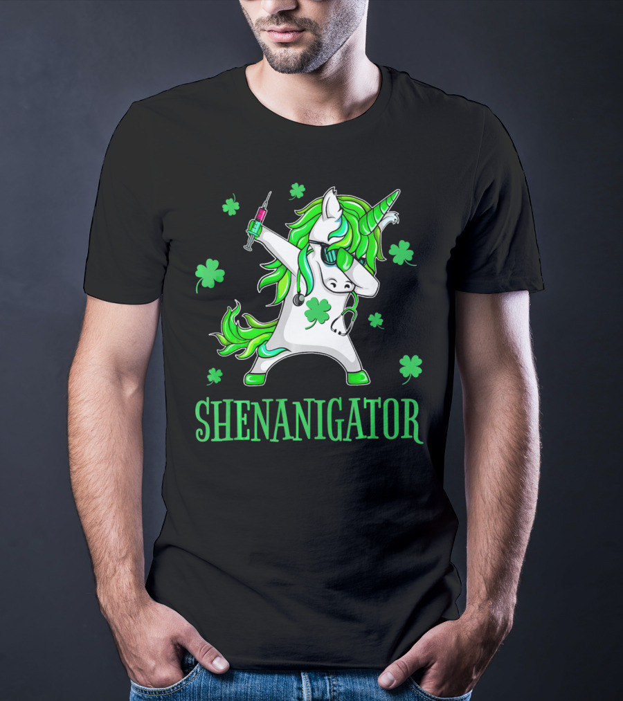 Unicorn Dabbing Shenanigator With Shamrocks And Syringe T-Shirt
