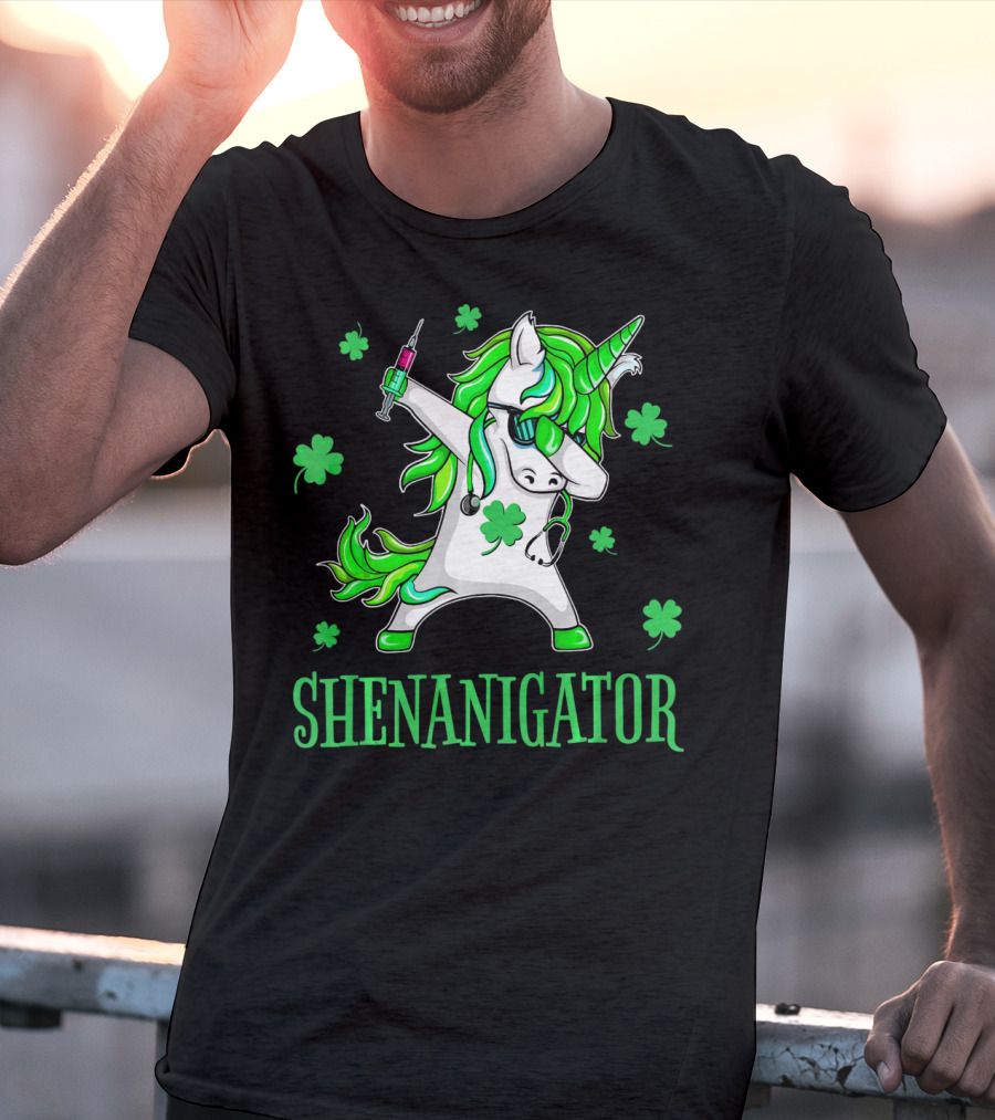 Unicorn Dabbing Shenanigator With Shamrocks And Syringe T-Shirt