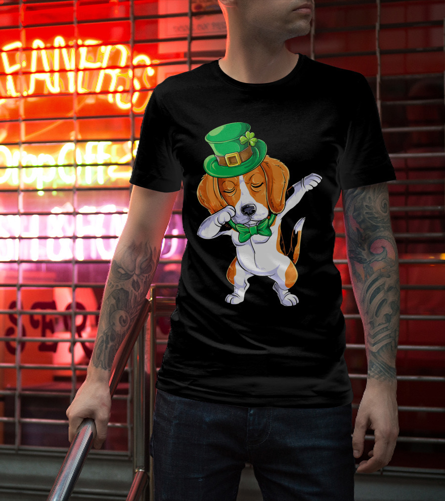 Dabbing Beagle St Patricks Day Boys Leprechaun Hat Bow Tie Shamrock T-Shirt