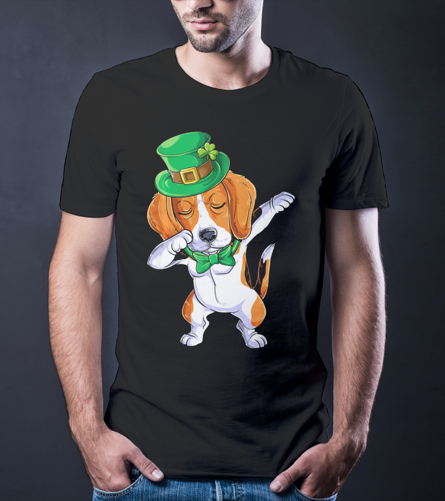 Dabbing Beagle St Patricks Day Boys Leprechaun Hat Bow Tie Shamrock T-Shirt