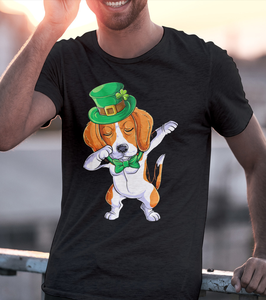 Dabbing Beagle St Patricks Day Boys Leprechaun Hat Bow Tie Shamrock T-Shirt