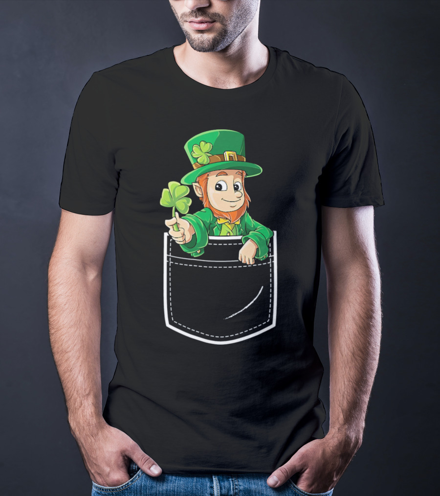 Leprechaun Holding Shamrock In Pocket For St Patricks Day T-Shirt