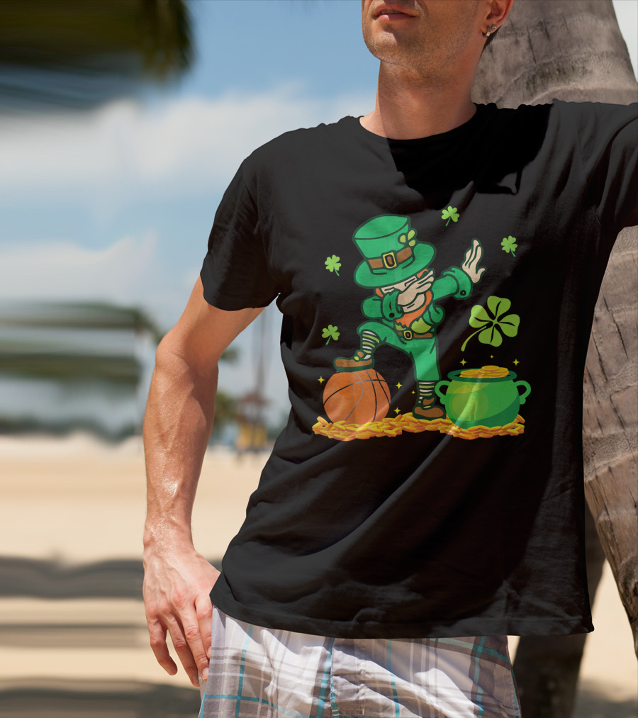 Leprechaun Dab With Basketball And Pot Of Gold Filled With Coins And Shamrocks T-Shirt