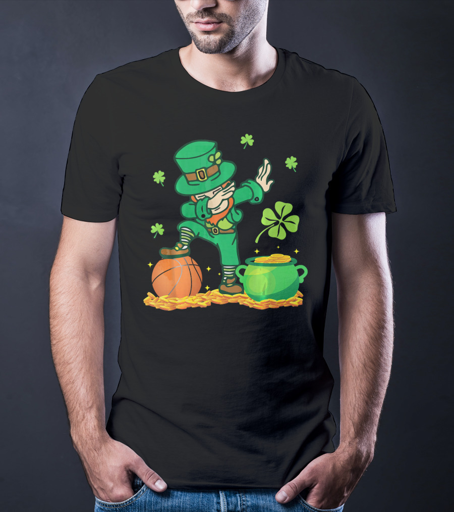Leprechaun Dab With Basketball And Pot Of Gold Filled With Coins And Shamrocks T-Shirt