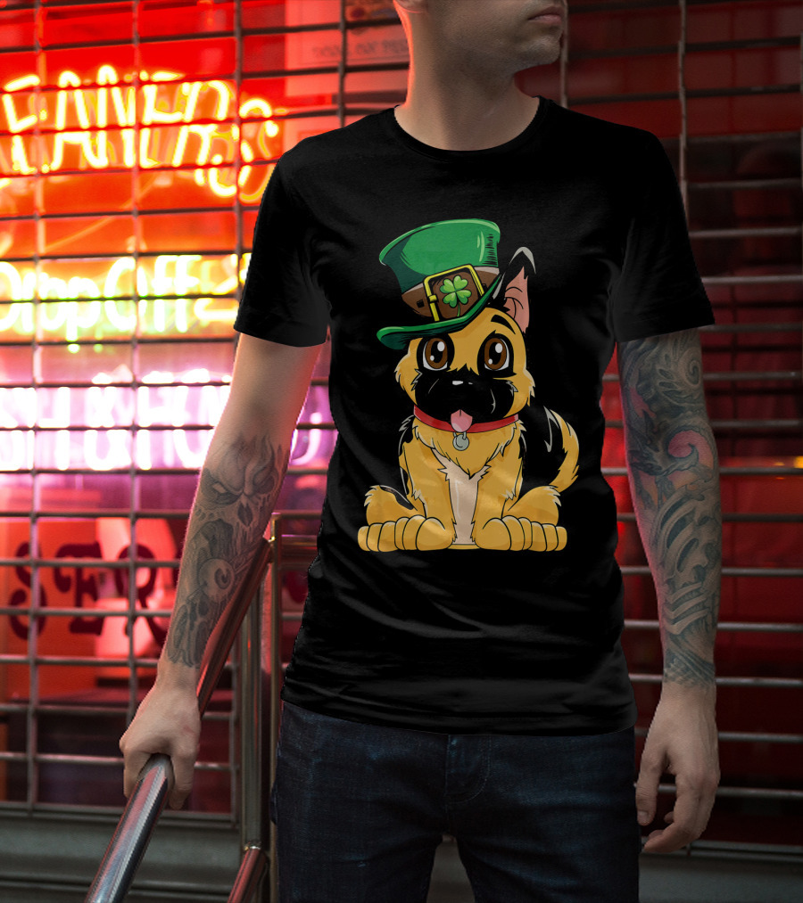 German Shepherd Wearing Leprechaun Hat With Clover T-Shirt