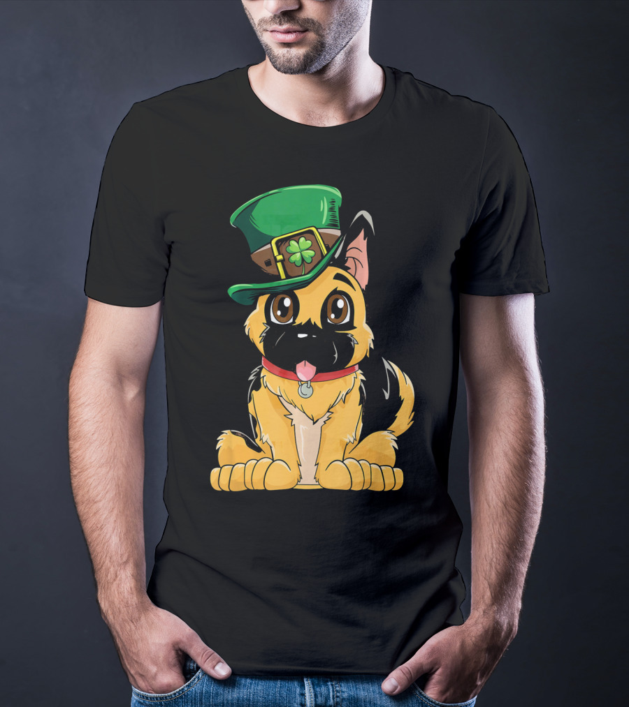German Shepherd Wearing Leprechaun Hat With Clover T-Shirt