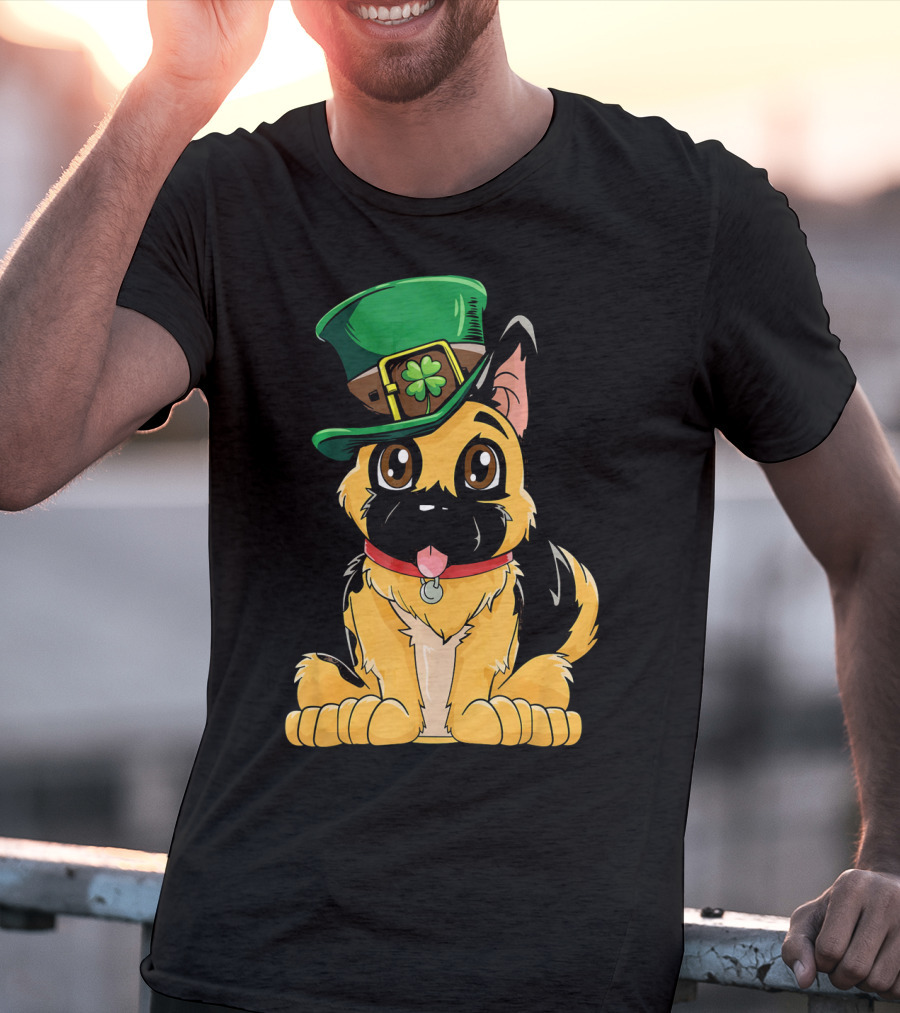 German Shepherd Wearing Leprechaun Hat With Clover T-Shirt