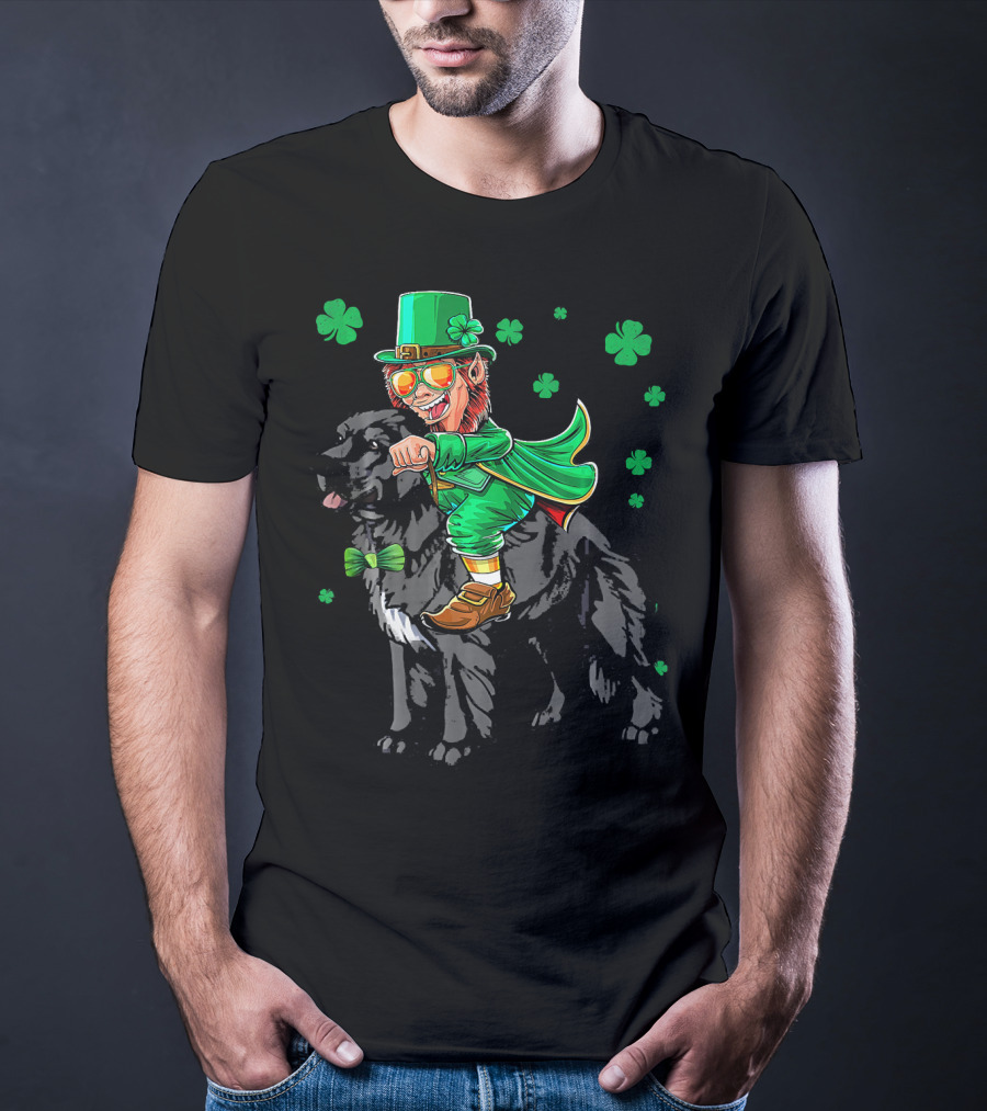 Leprechaun Riding Newfoundland Dog With Shamrocks For St. Pat's Day T-Shirt